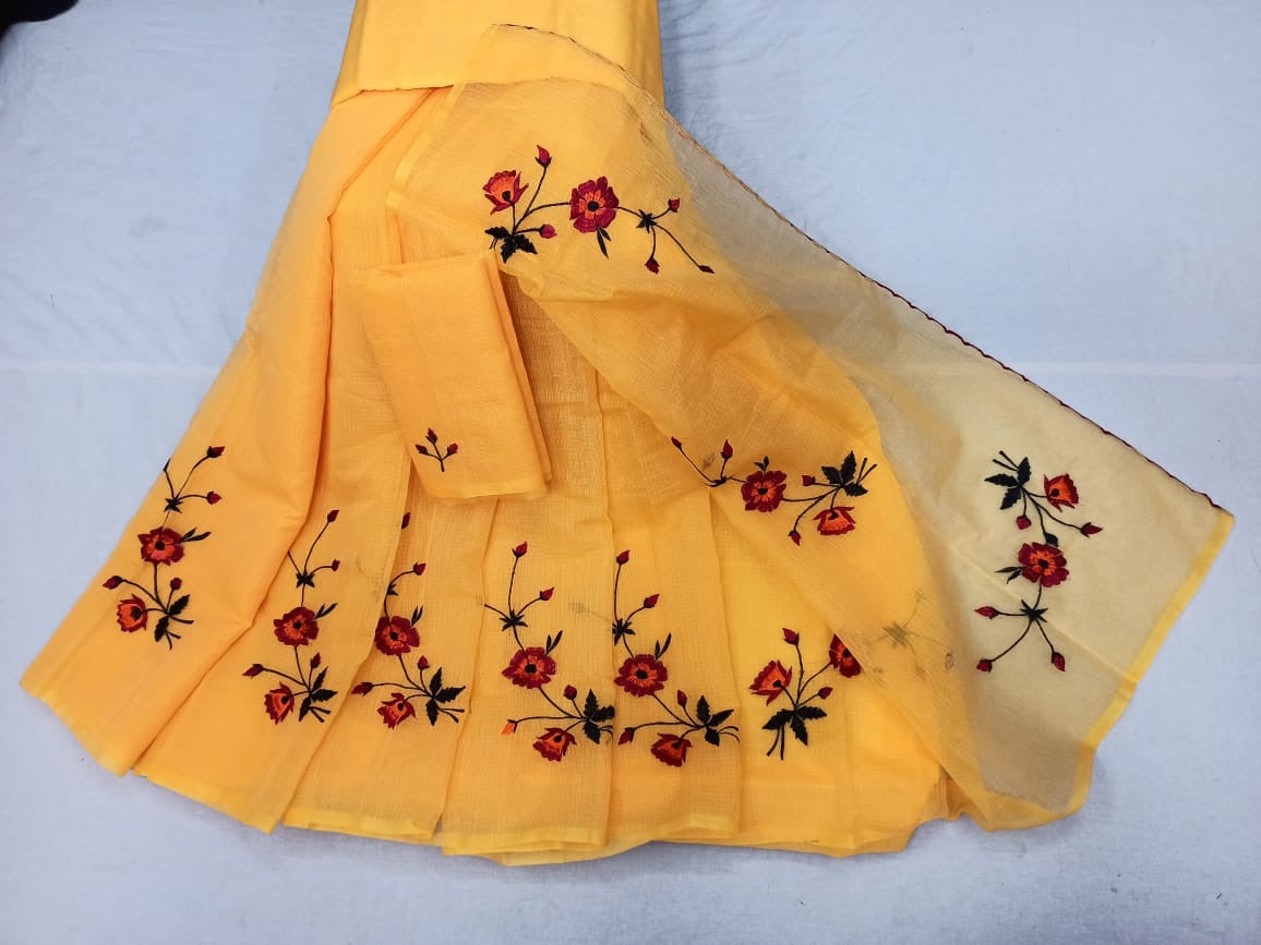 Shop  Kota Doria Embroidery Work Sari In Yellow,Latest Kota Sarees