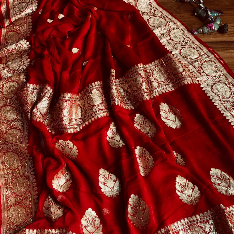 Red Banarasi Khaddi Saree With Golden Zari,Wedding Saree, Indian Sarees, Online Sarees