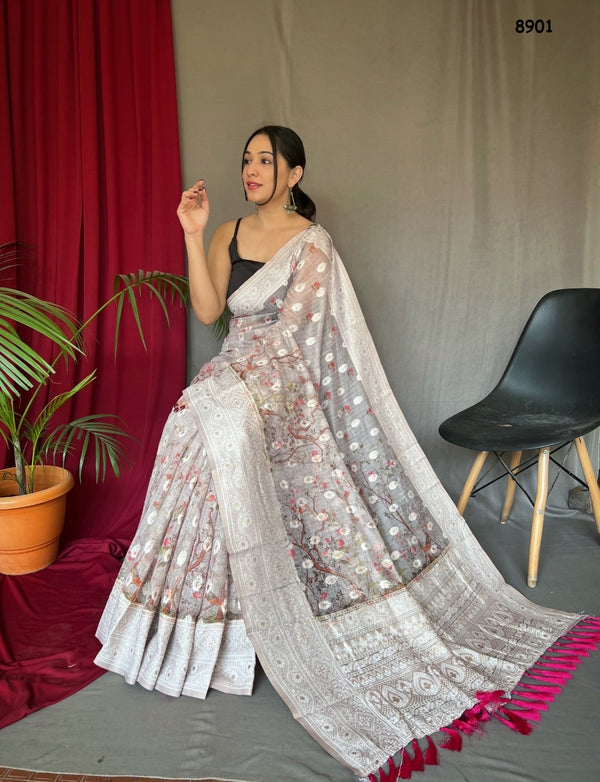 Grey Linen Cotton Sarees
