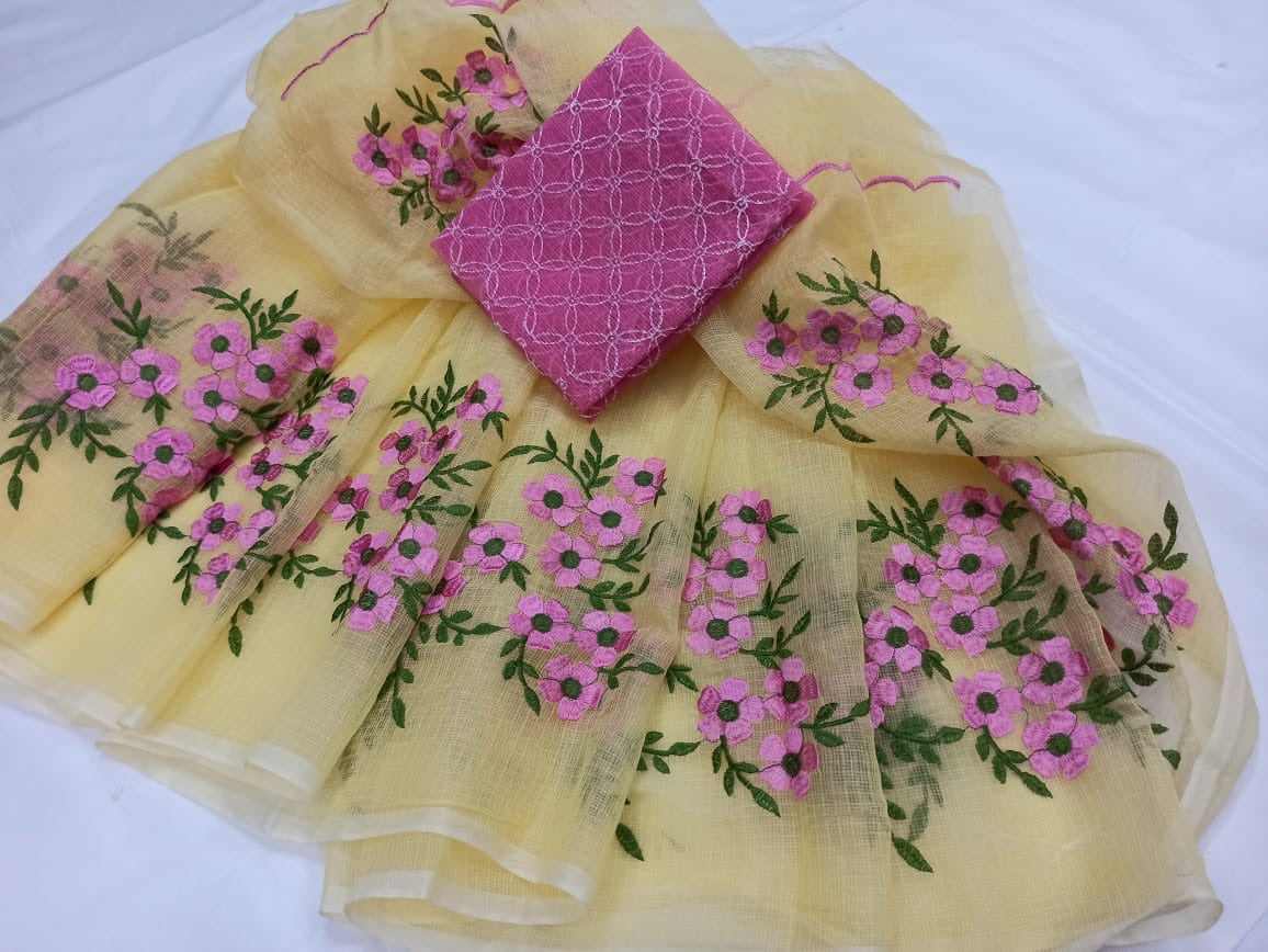 Shop  Kota Doria Embroidery Work Sari In Yellow, Kota Cotton Saree