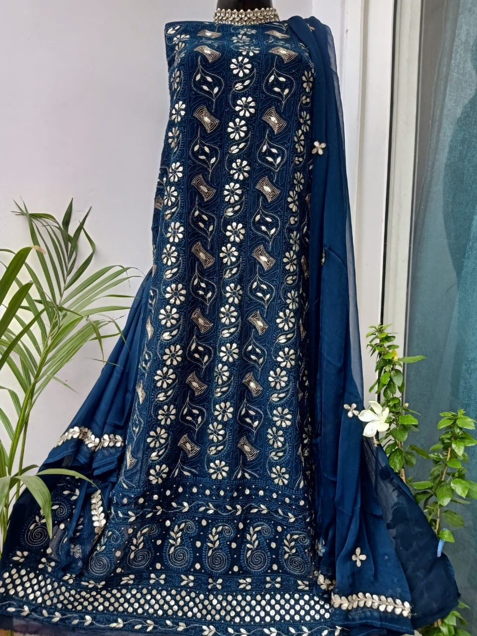 Indigo Blue Heavy Chikankari Gota Salwar Suit Material(3 piece)