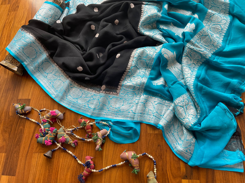 Black and blue Banarasi Khaddi Georgette Saree