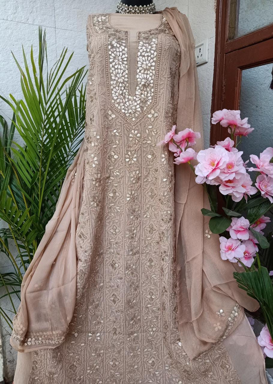 Brown Lakhnawi Chikankari Gota Salwar Suit,Authentic Best Price ChikankariåÊ,Shop Chikankari Dress Material