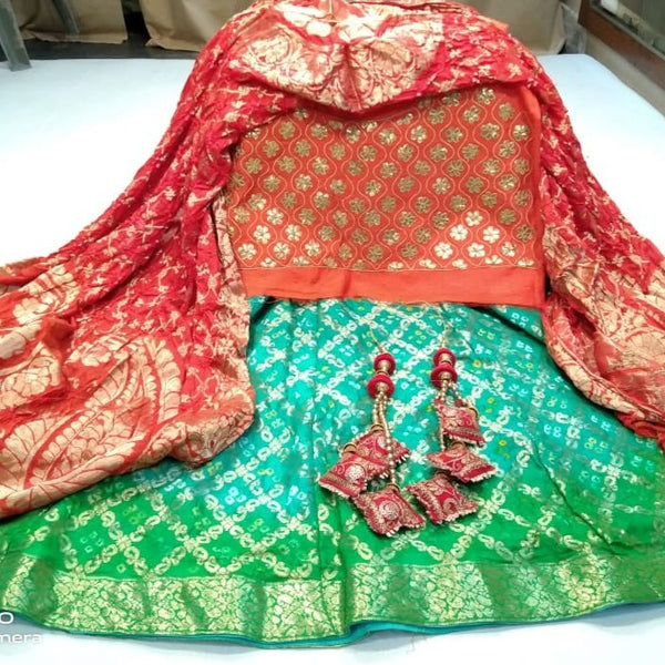 Banarasi Bandhani Lehenga in skyblue Green and Red - jhakhas.com