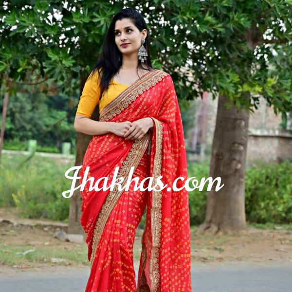Red Bandhej Bridal Saree In Art Silk