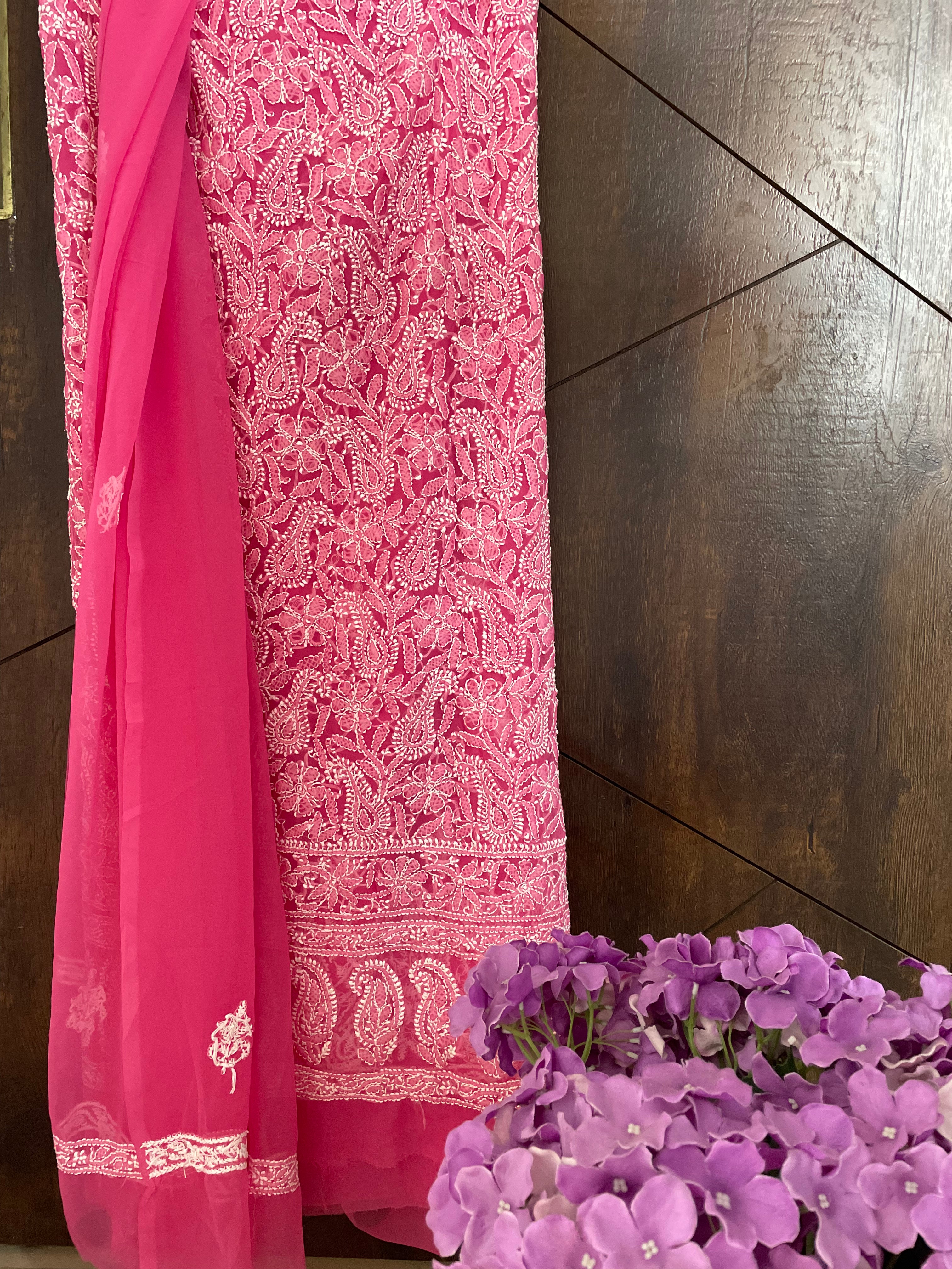 Jaipuri Pink Casual Chikankari Georgette Salwar Kameez Set Unstitched online