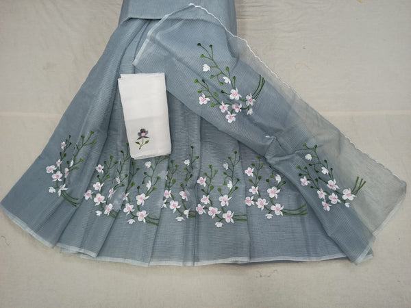 Shop  Kota Doria Embroidery Work Sari In Grey, Kota Doria Sarees