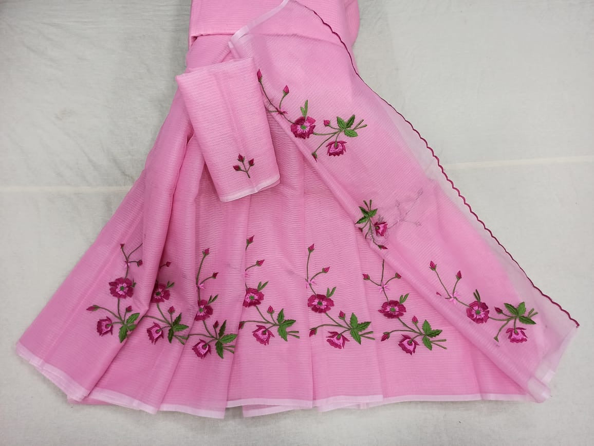 Buy Pink Kota Doria Embroidery Work Saree, Kota Doria Sarees