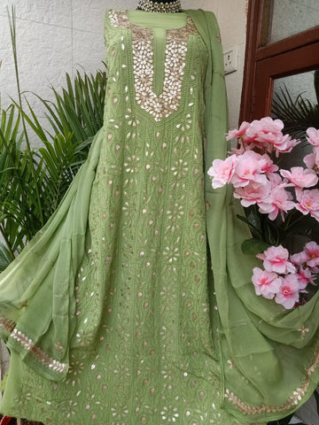 Pista Green Lakhnawi Chinkari Gota Patti Work Unstitched Salwar Suit  Material| Premium Chikankari Suits