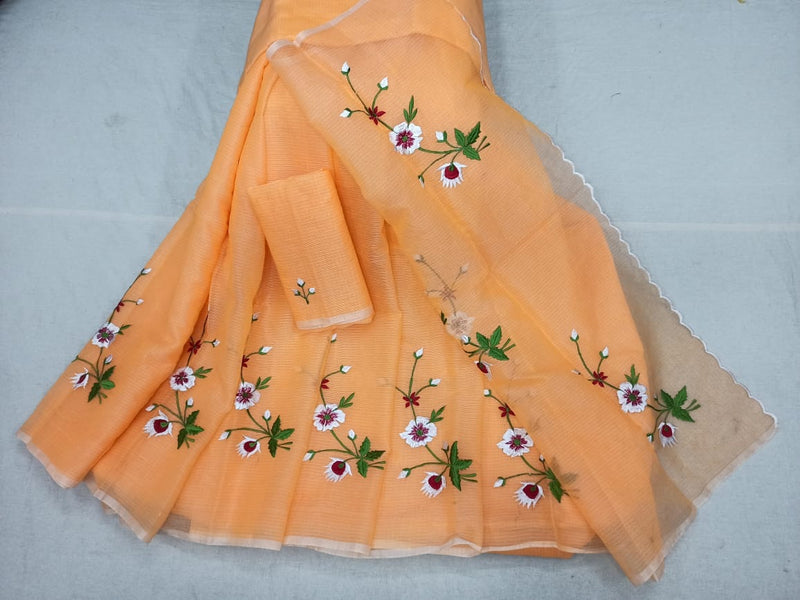 Buy This Kota Doria Embroidery Work Sari In Orange,Kota Sarees Online