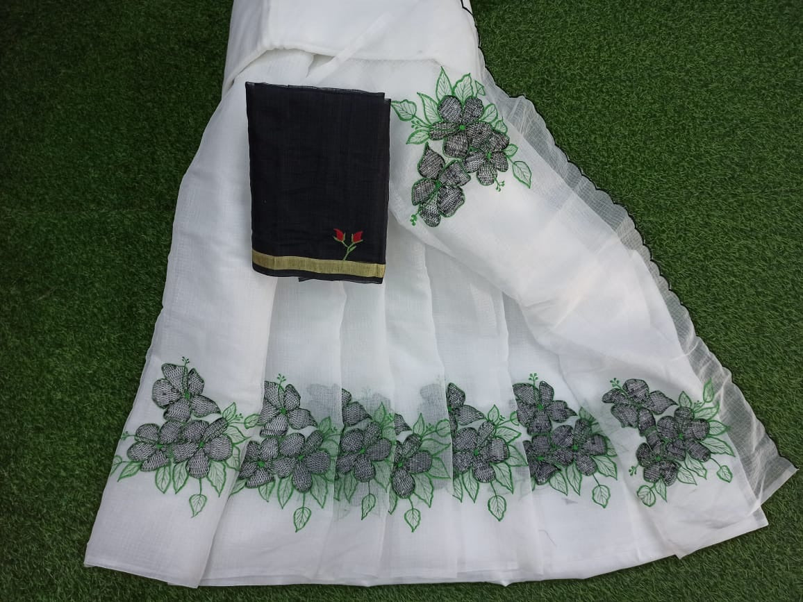 Buy White Kota Doria Embroidery Work Sari, Kota Cotton Saree