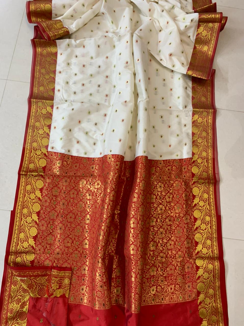 Banarasi Silk Saree In Mehendi Cream And Red,Upada Silk Saree,Silk Sarees Online 