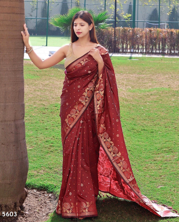 Mehroon Soft Banarasi Silk Saree