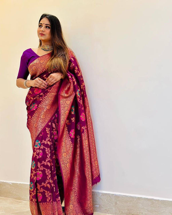 Purple Banarasi Soft Silk Saree With Blouse