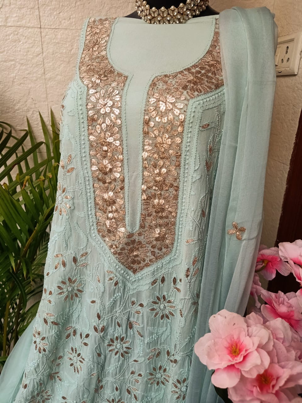 Chikankari Gota Salwar Suit In Sea Green,Best Chikankari Suits Online,Buy  Chikan Suit Latest Design