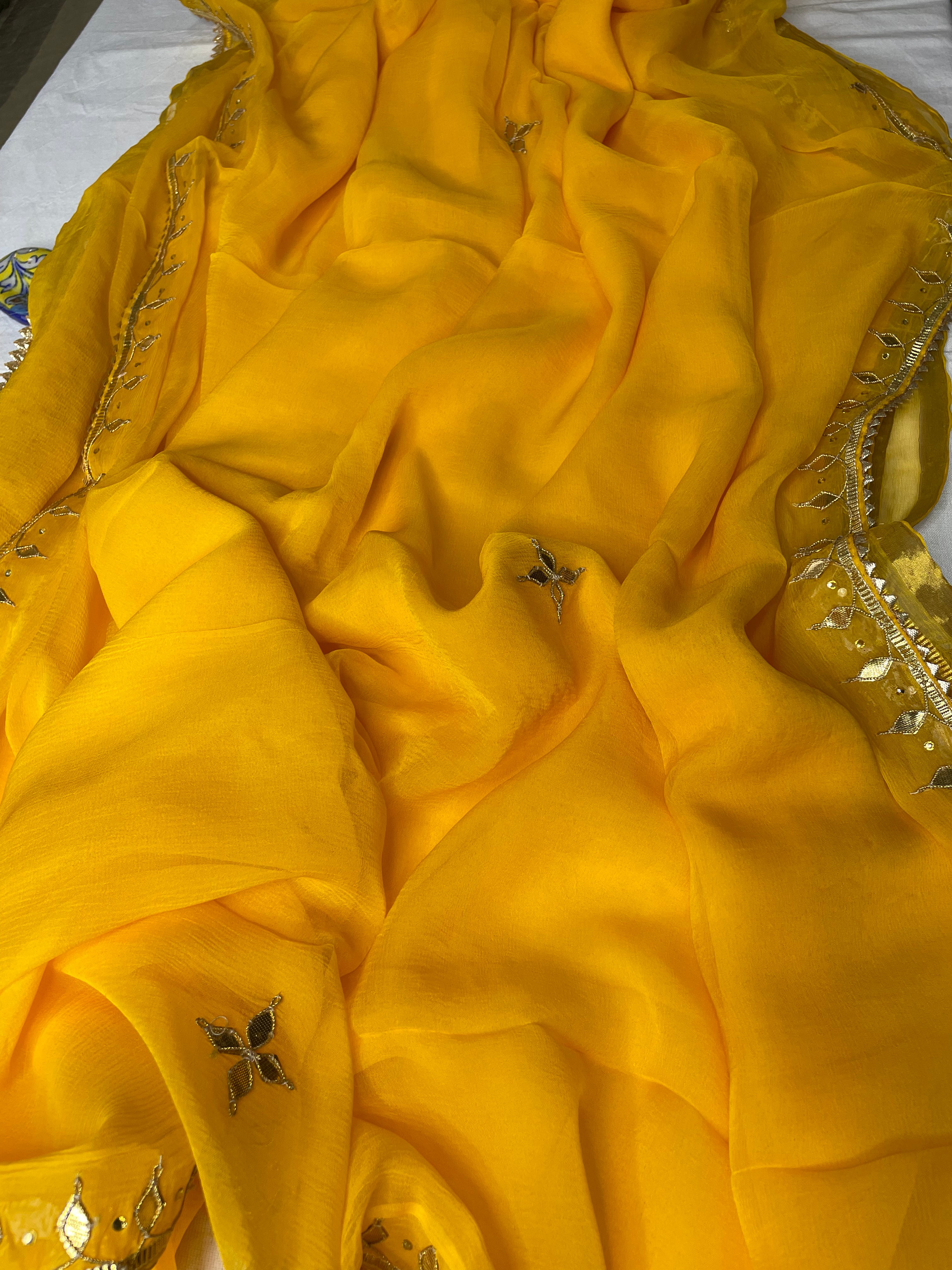 chiffon haldi yellow handwork saree