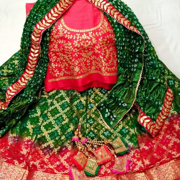 Banarasi Bandhani Lehenga in Green and Red - jhakhas.com
