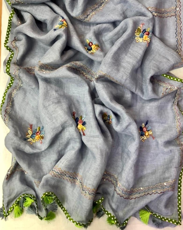 Gorgeous Linen Embroidred Saree In Grey Color,Pure Linen Saree , Order Online Saree