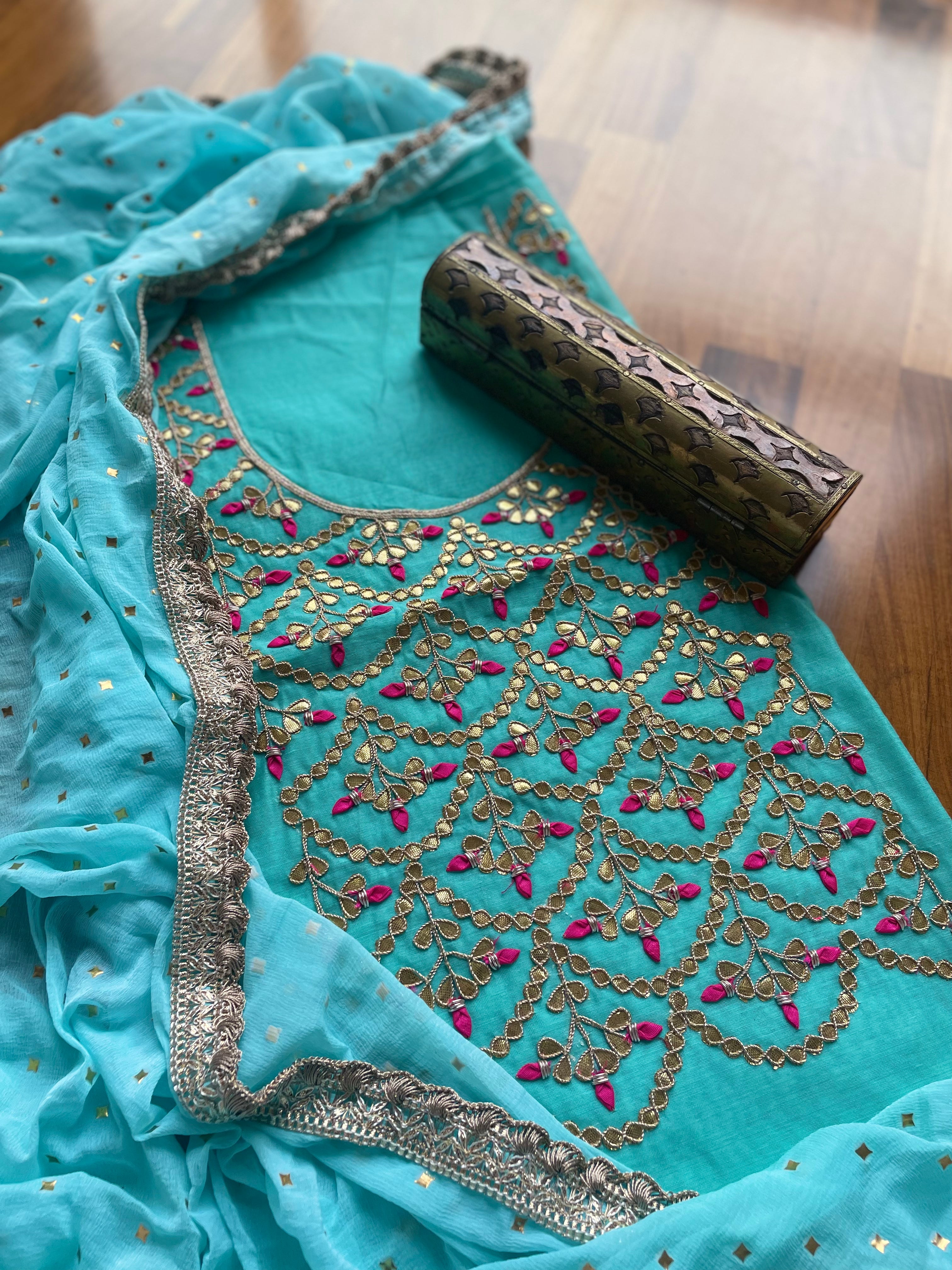 Sky blue gota patti suit with designer blue dupatta