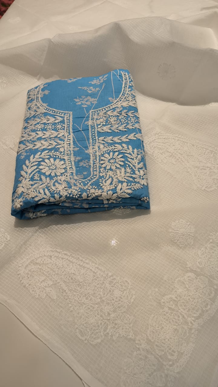 Blue Chikankari kurti set floral 