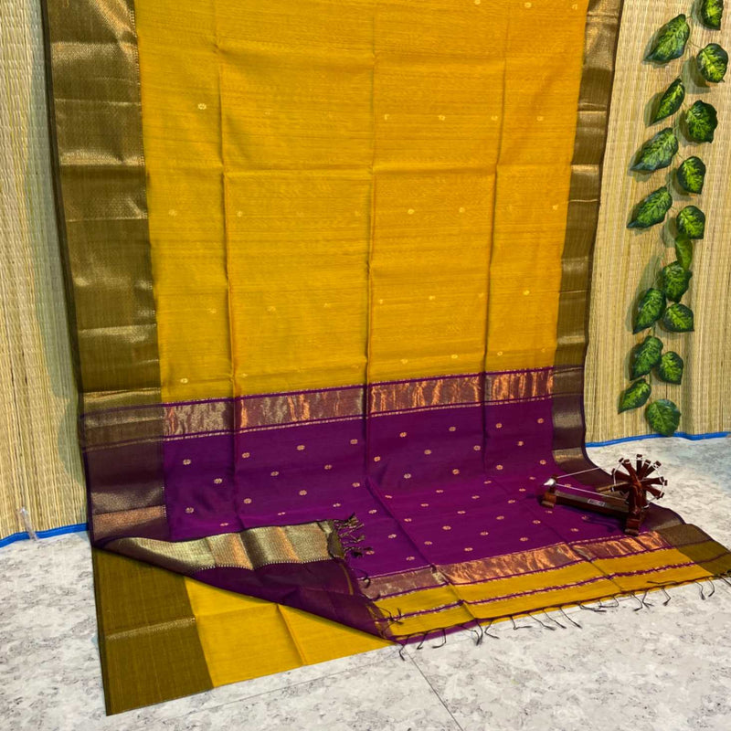 Maheshwari Silk Sari In Yellow & Purple
