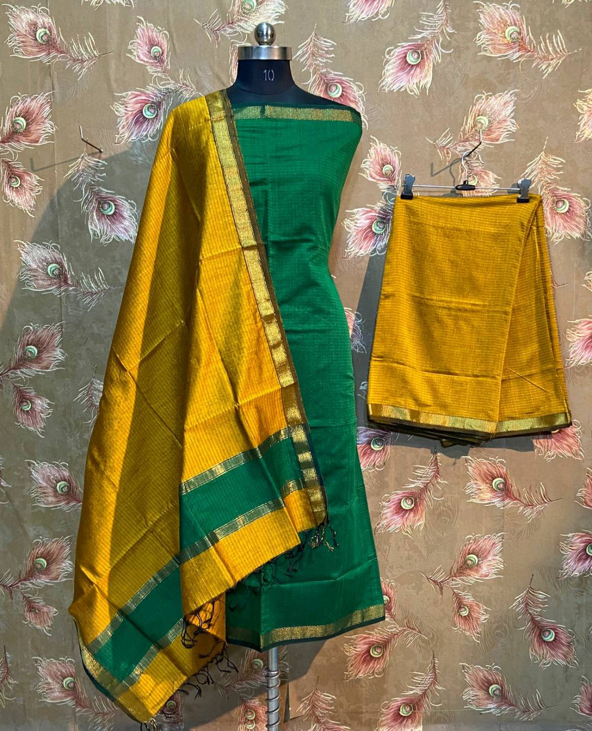 Green and Yellow Maheshwari salwar suit