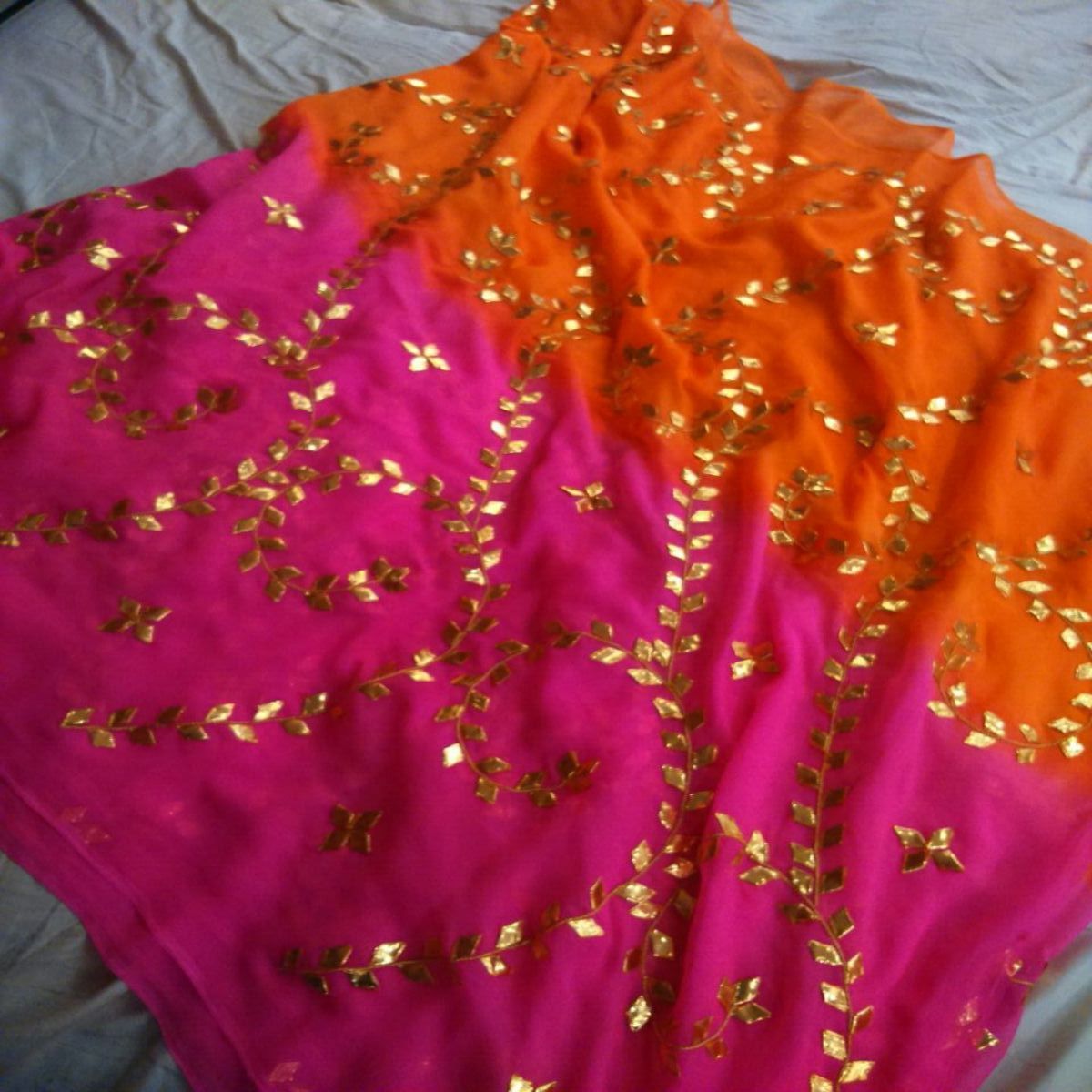 Designer Rajputi Pure Chiffon Saree, Rani & Orange Pure Chiffon Gota Patti Saree