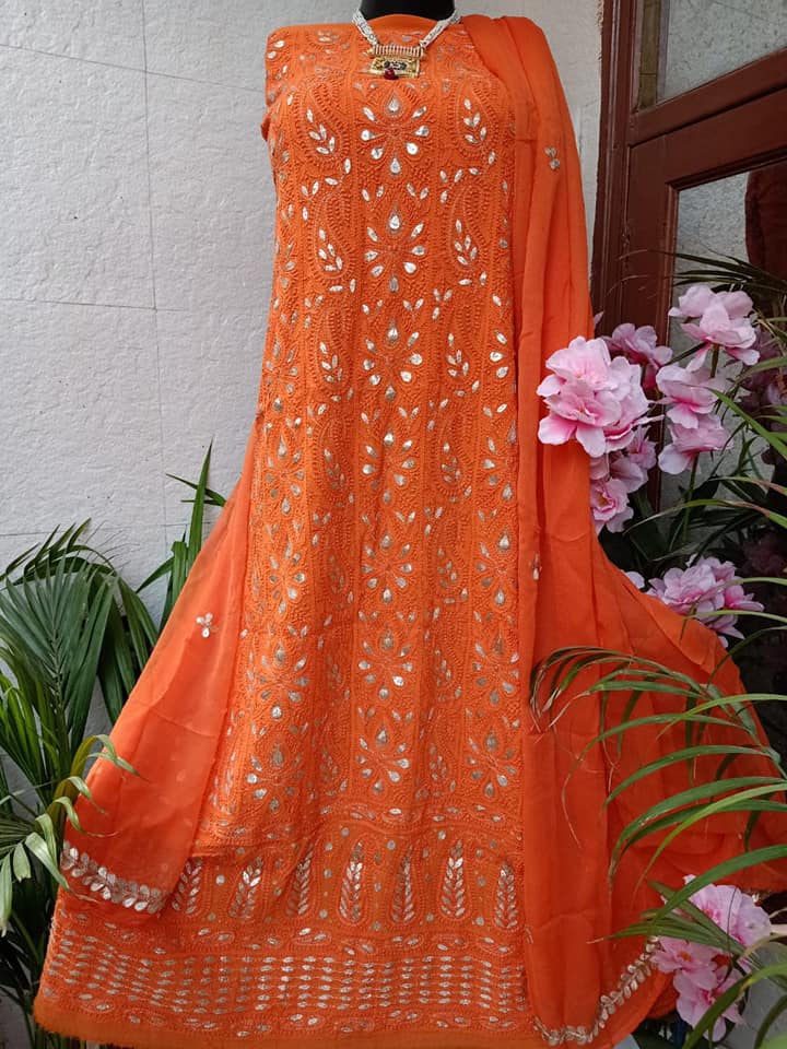 Orange Georgette Chikankai Gota Salwar Suit,Buy  Chikan Suit Latest Design,Authentic Party Wear Chikankari Suits Online