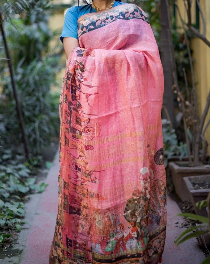 Linen Saree In Digital Print In Pink Color,Shop Linen Saree Online,Buy Floral Print At Best Rate