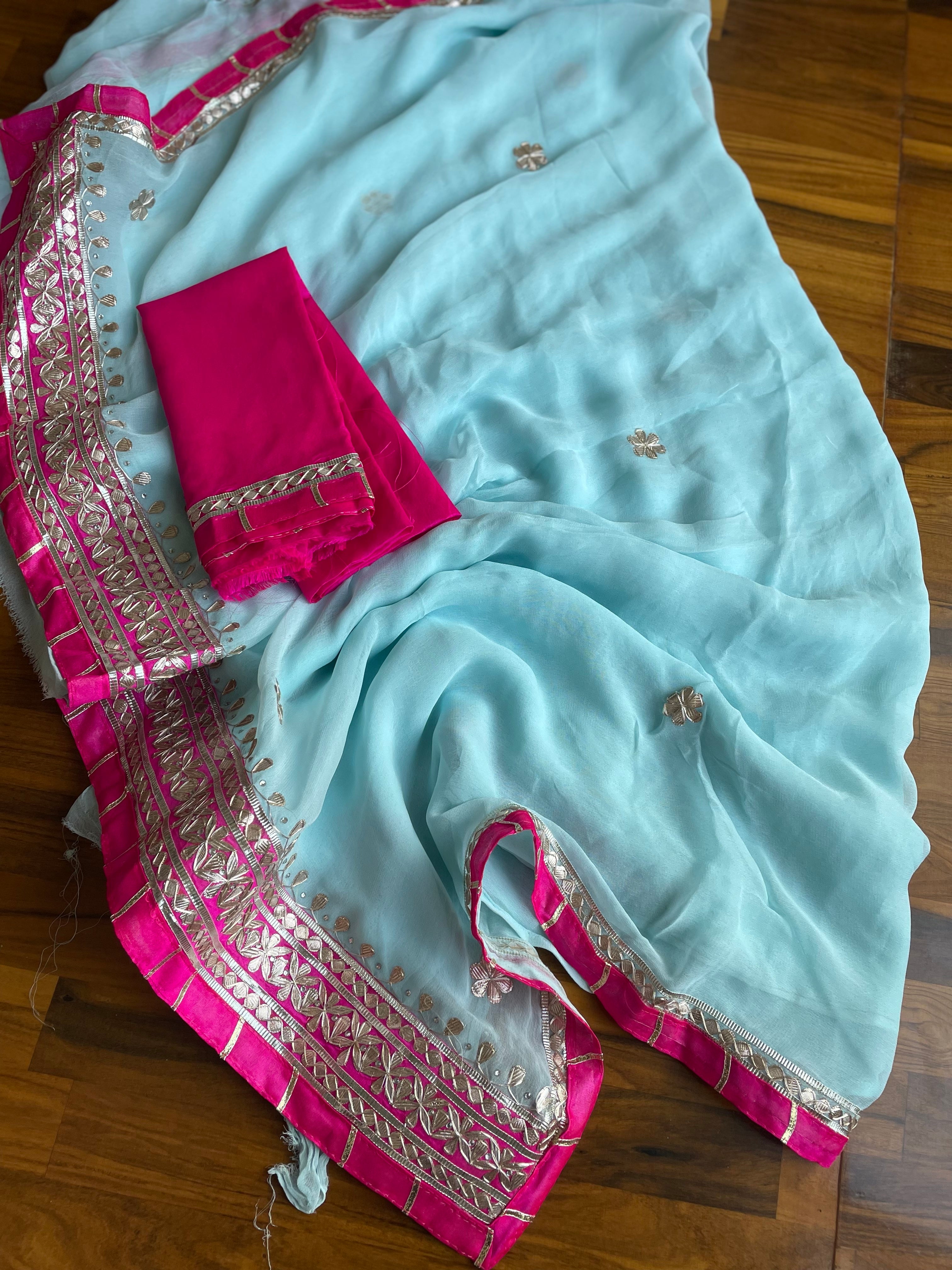 Teal Green Georgette Bandhani Gota Patti Embroidered Saree