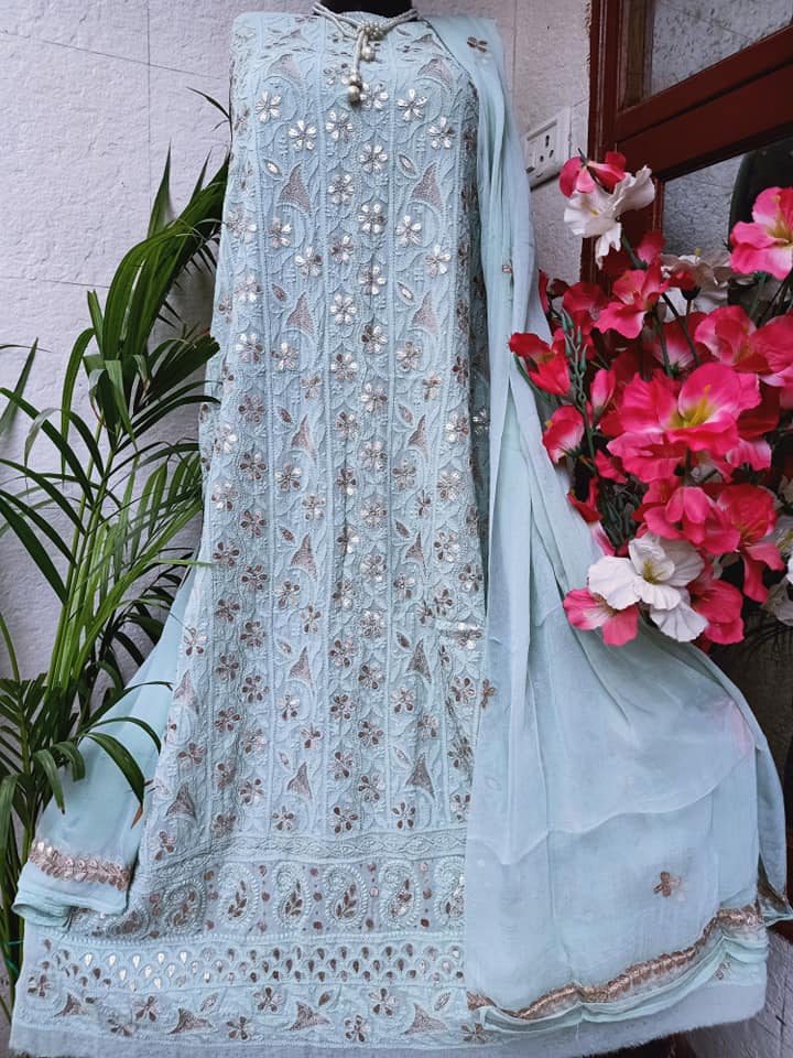 Blue Chikankari Gota Salwar Suit,Buy  Party Wear Chikankari Suits Online,Buy Chikan Suit Latest Design