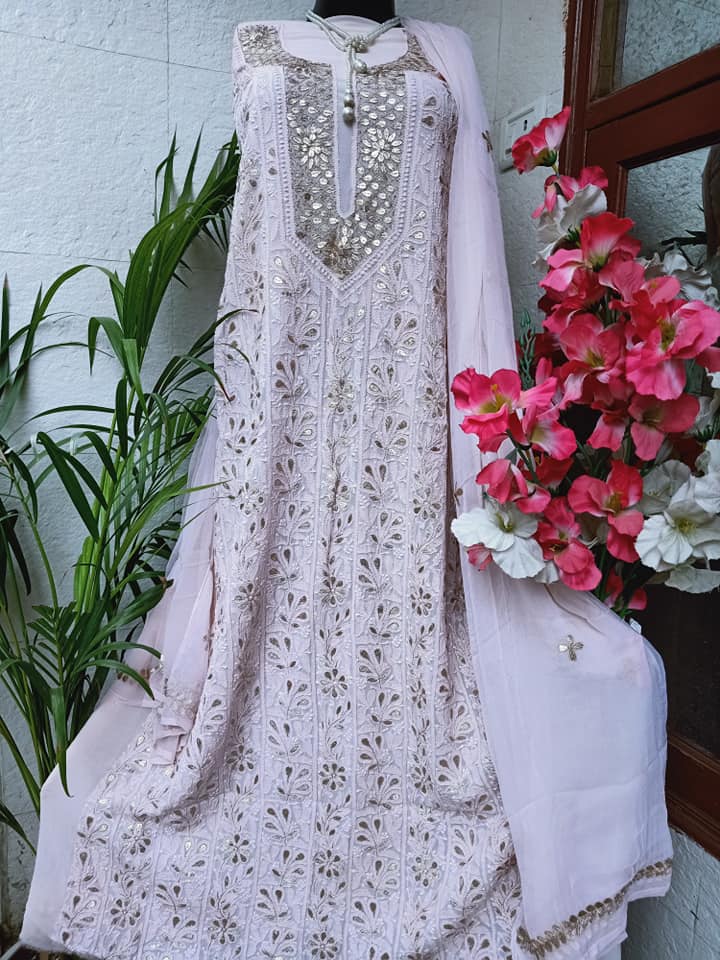 White Georgette Chikankai Gota Salwar Suit,Shop Best Price Chikankarií«í?,Shop Best Price Chikankarií«í?