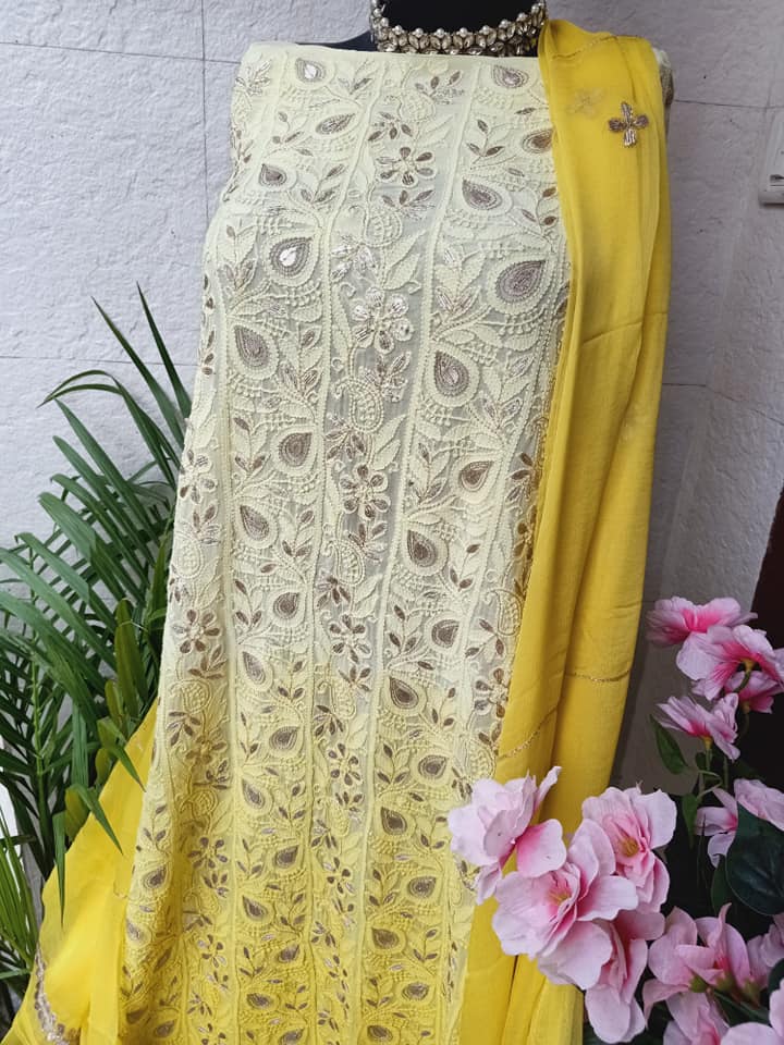 Yellow Ombre Heavy Chikankari Gota Work Unstitched Salwar Suit Fabric